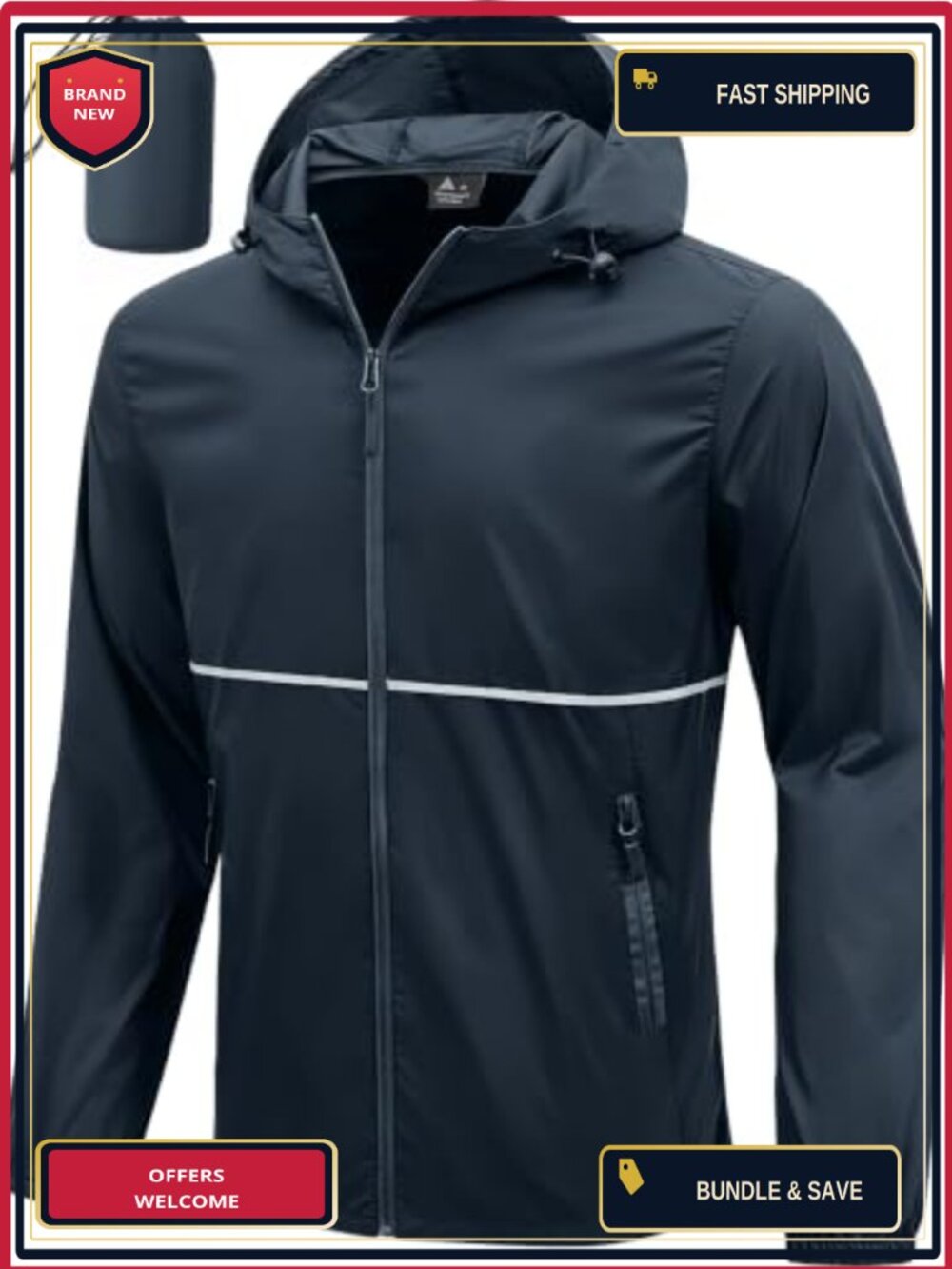 Men's Waterproof Packable Rain Jacket with Reflective Stripes